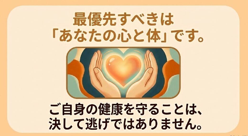 両手で光るハートを優しく包み込んでいるイラストです。 最優先すべきは「あなたの心と体」ですというメッセージが書かれています。 ご自身の健康を守ることは、決して逃げではありませんと締めくくっています。