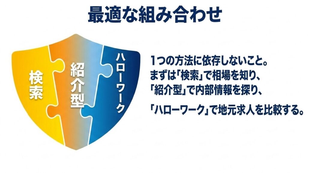 1つの方法に依存せず、検索で相場を知り、紹介型で内部情報を探り、ハローワークで地元求人を比較するステップを示した図