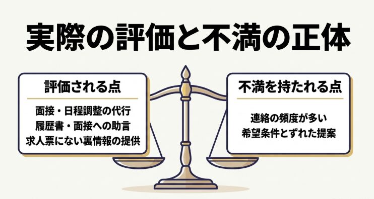 面接日程の調整や履歴書への助言などの評価点と、連絡頻度や希望条件と異なる提案への不満を比較した図
