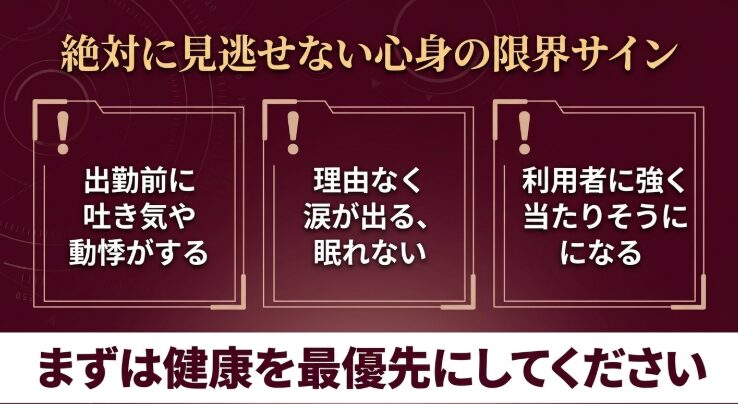出勤前に吐き気や動悸がする、理由なく涙が出る・眠れない、利用者に強く当たりそうになるといった、絶対に見逃せない心身の限界サインをまとめたスライド