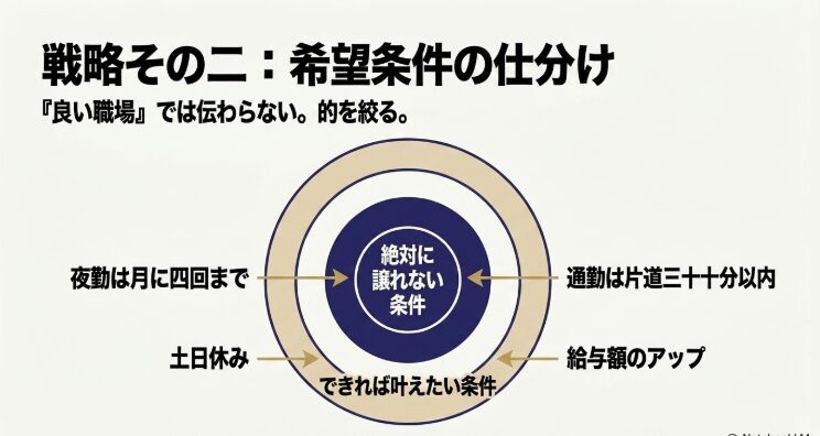 夜勤回数と通勤時間を絶対に譲れない条件、土日休みと給与アップをできれば叶えたい条件として整理する図