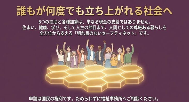 生活保護法に定められた8つの扶助を一覧で示した図