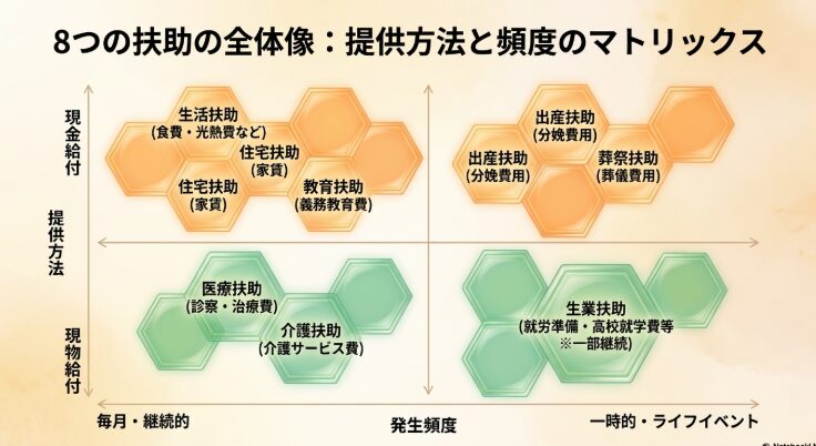 生活保護の8つの扶助と対象となる生活課題を対応させた表
