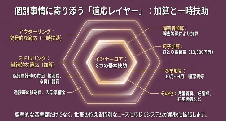 生活保護の加算と一時扶助が個別の事情や臨時の需要に対応することを示す図